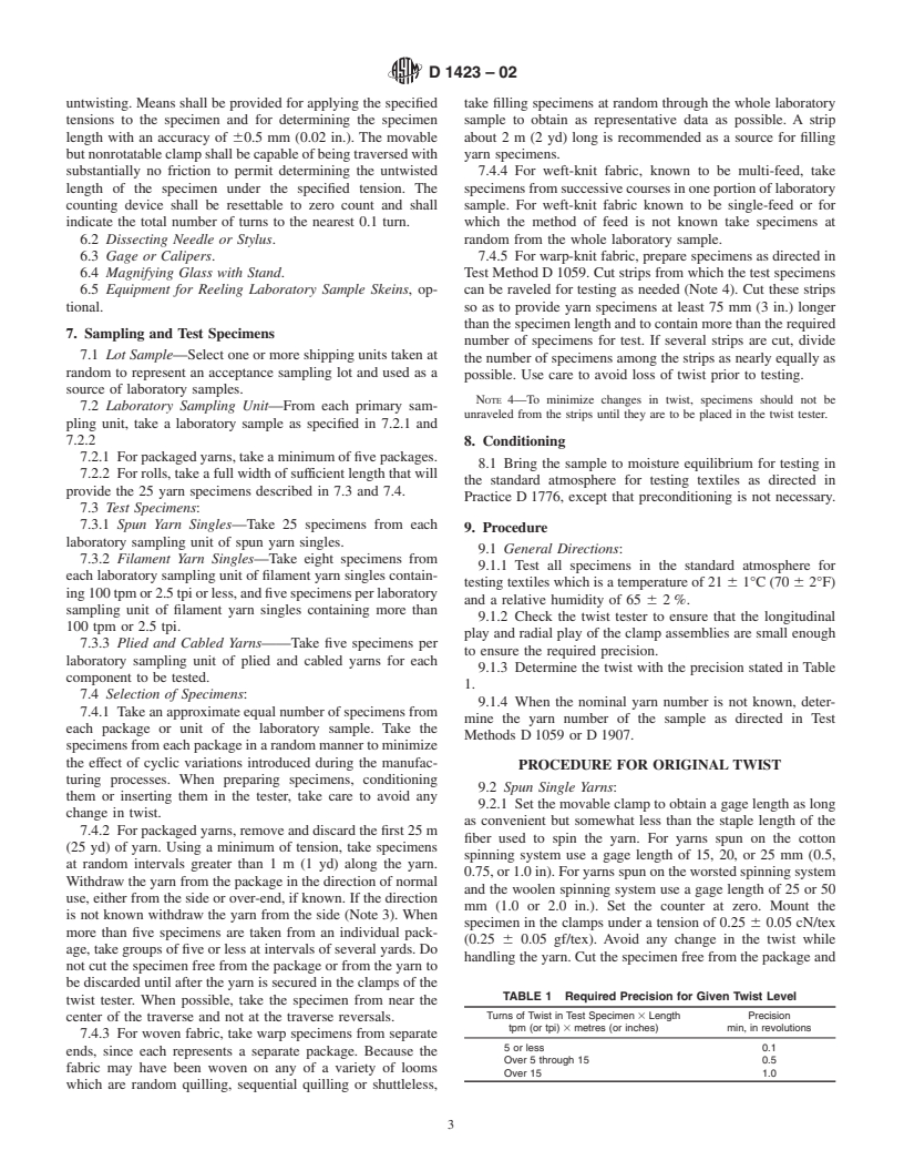 ASTM D1423-02 - Standard Test Method for Twist in Yarns by Direct-Counting