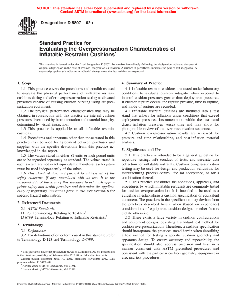 ASTM D5807-02a - Standard Practice for Evaluating the Overpressurization Characteristics of Inflatable Restraint Cushions