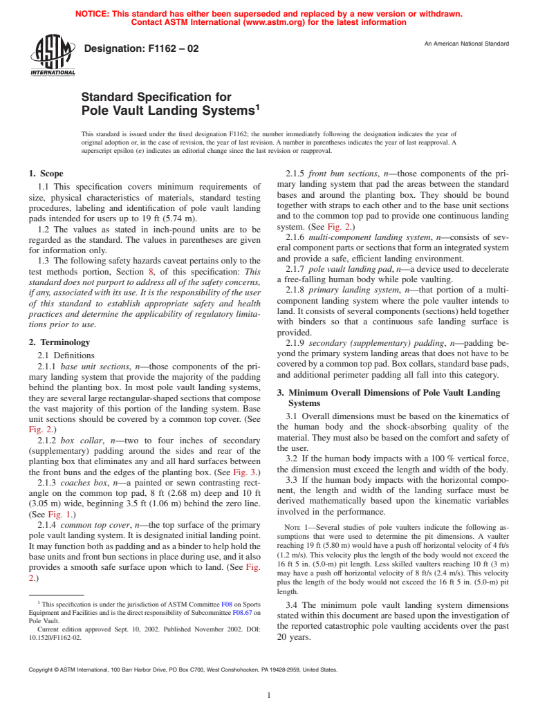 ASTM F1162-02 - Standard Specification for Pole Vault Landing Systems (Withdrawn 2011)