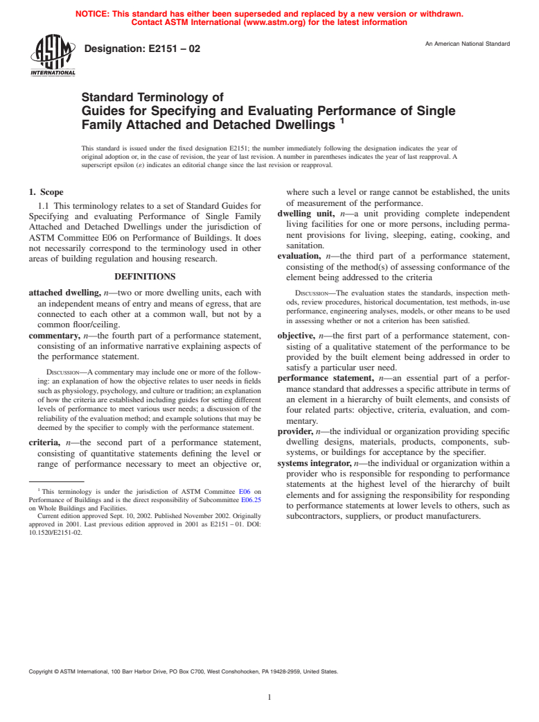 ASTM E2151-02 - Standard Terminology of Guides for Specifying and Evaluating Performance of Single Family Attached and Detached Dwellings