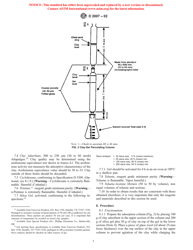 ASTM D2007-02 - Standard Test Method for Characteristic Groups in Rubber Extender and Processing Oils and Other Petroleum-Derived Oils by the Clay&#8212;Gel Absorption Chromatographic Method