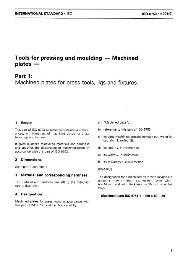 ISO 6753-1:1994 - Tools for pressing and moulding -- Machined plates