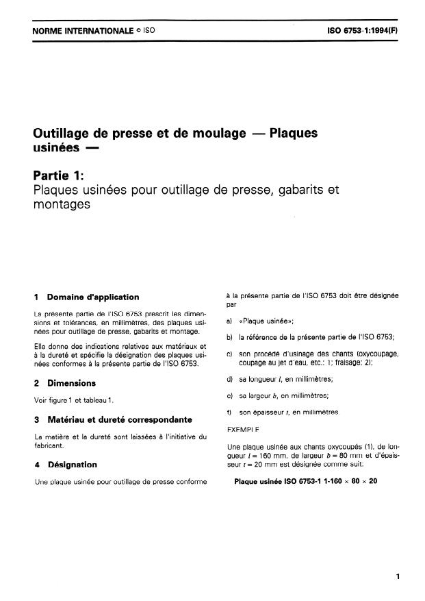ISO 6753-1:1994 - Outillage de presse et de moulage -- Plaques usinées