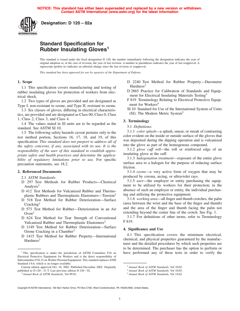 ASTM D120-02a - Standard Specification for Rubber Insulating Gloves