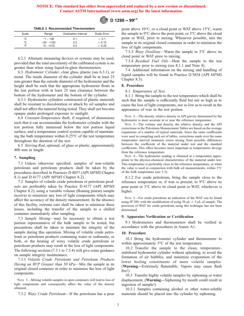 ASTM D1298-99e1 - Standard Test Method for Density, Relative Density (Specific Gravity), or API Gravity of Crude Petroleum and Liquid Petroleum Products by Hydrometer Method