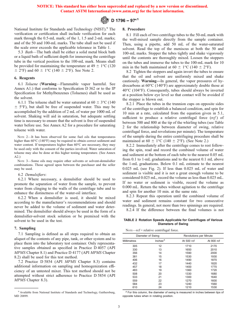 ASTM D1796-97e1 - Standard Test Method for Water and Sediment in Fuel Oils by the Centrifuge Method (Laboratory Procedure)