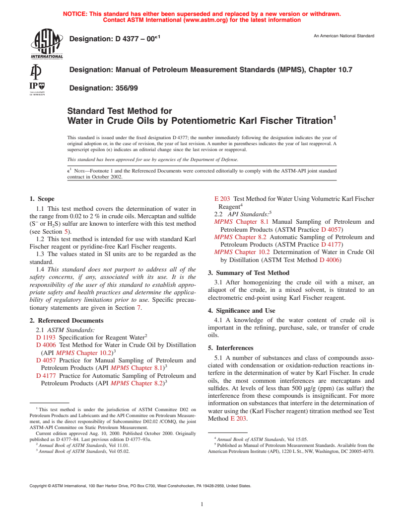 ASTM D4377-00e1 - Standard Test Method for Water in Crude Oils by Potentiometric Karl Fischer Titration