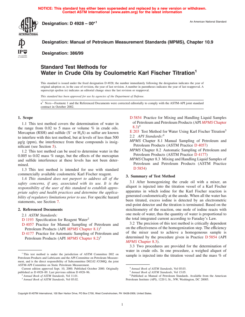 ASTM D4928-00e1 - Standard Test Methods for Water in Crude Oils by Coulometric Karl Fischer Titration