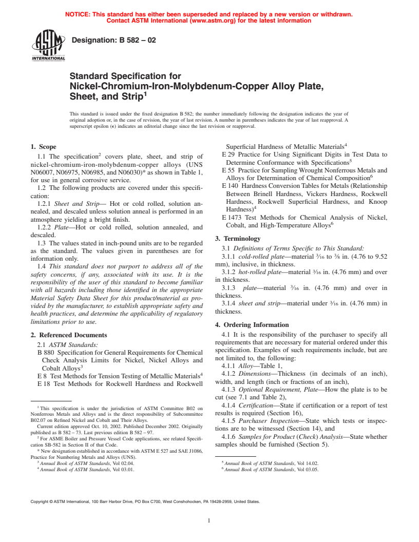 ASTM B582-02 - Standard Specification for Nickel-Chromium-Iron-Molybdenum-Copper Alloy Plate, Sheet, and Strip