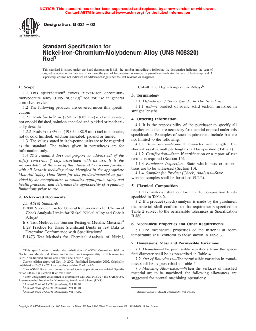 ASTM B621-02 - Standard Specification for Nickel-Iron-Chromium-Molybdenum Alloy (UNS N08320) Rod