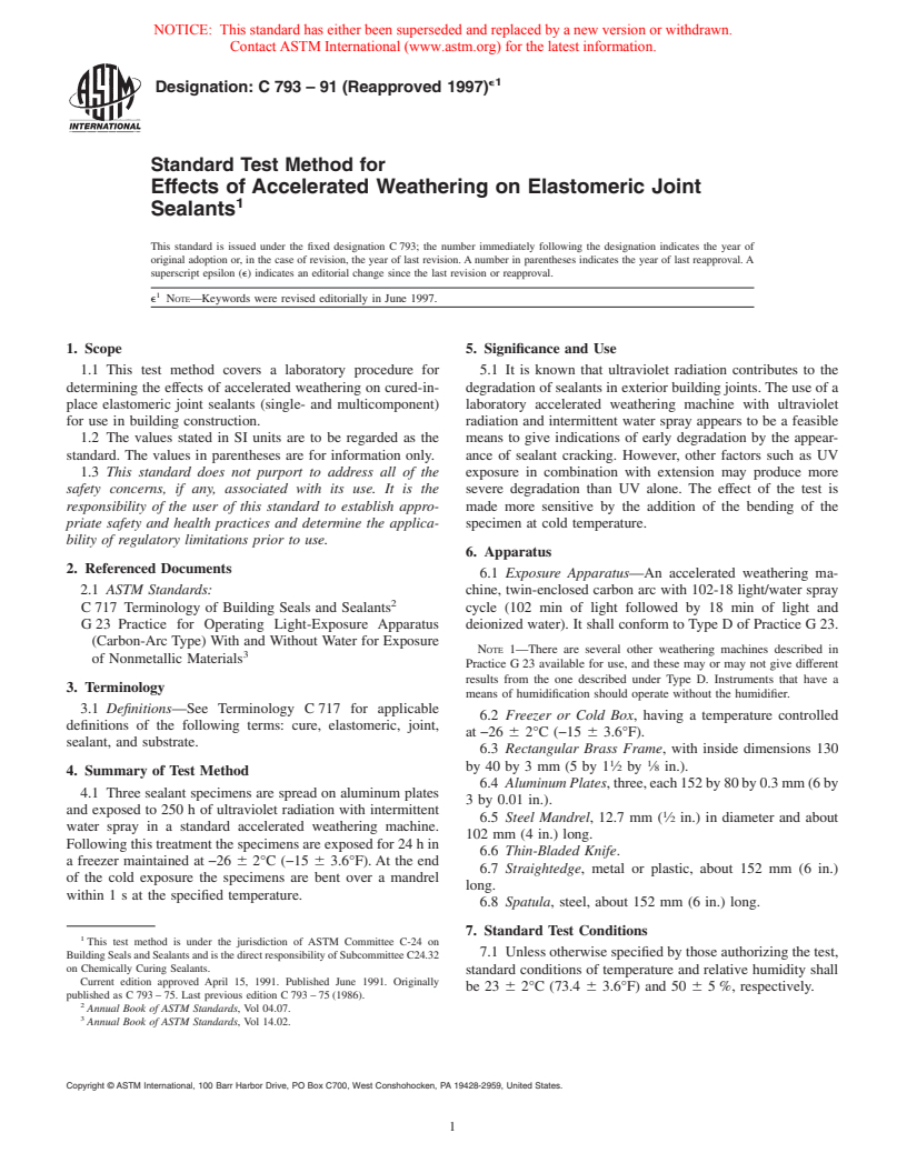 ASTM C793-91(1997)e1 - Standard Test Method for Effects of Accelerated Weathering on Elastomeric Joint Sealants