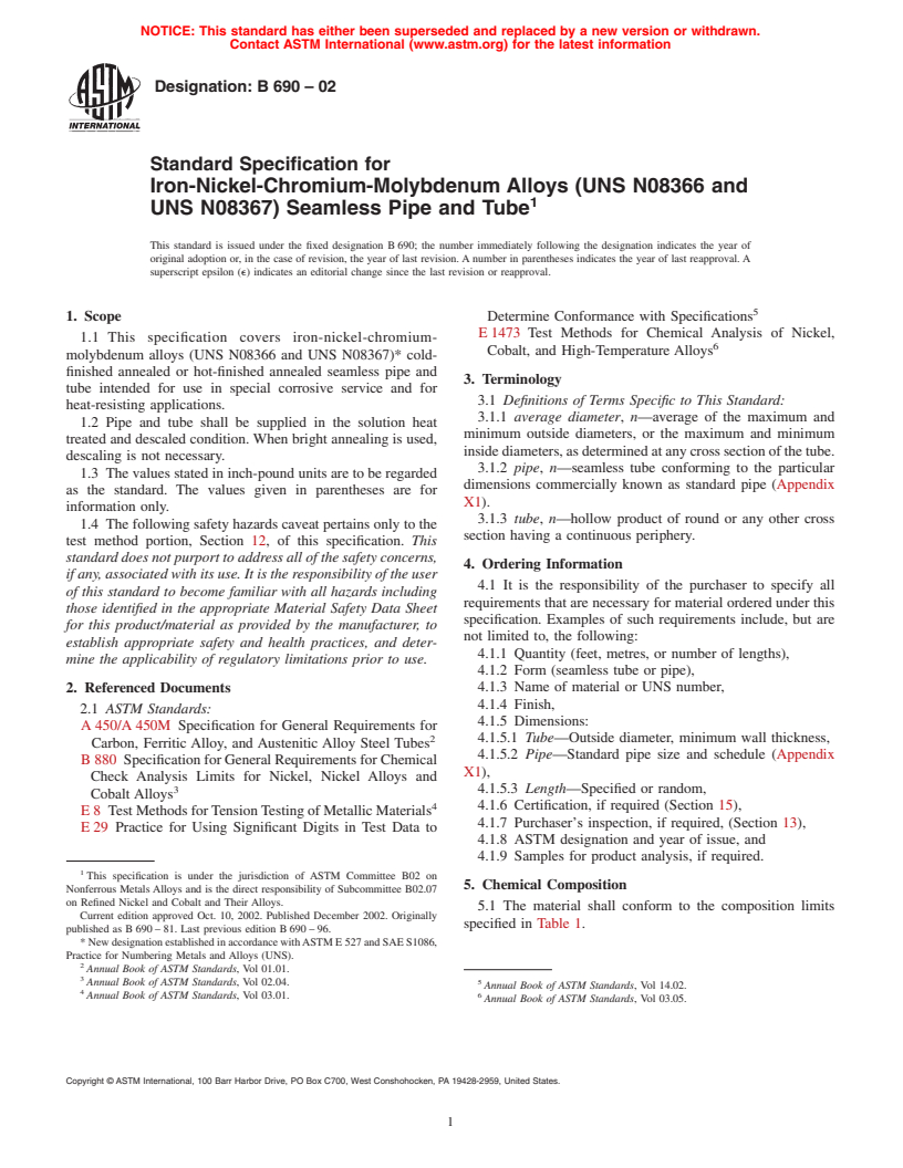 ASTM B690-02 - Standard Specification for Iron-Nickel-Chromium-Molybdenum Alloys (UNS N08366 and UNS N08367) Seamless Pipe and Tube