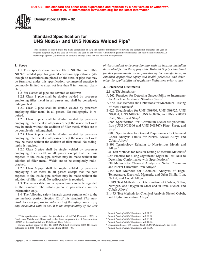 ASTM B804-02 - Standard Specification for UNS N08367 and UNS N08926 Welded Pipe