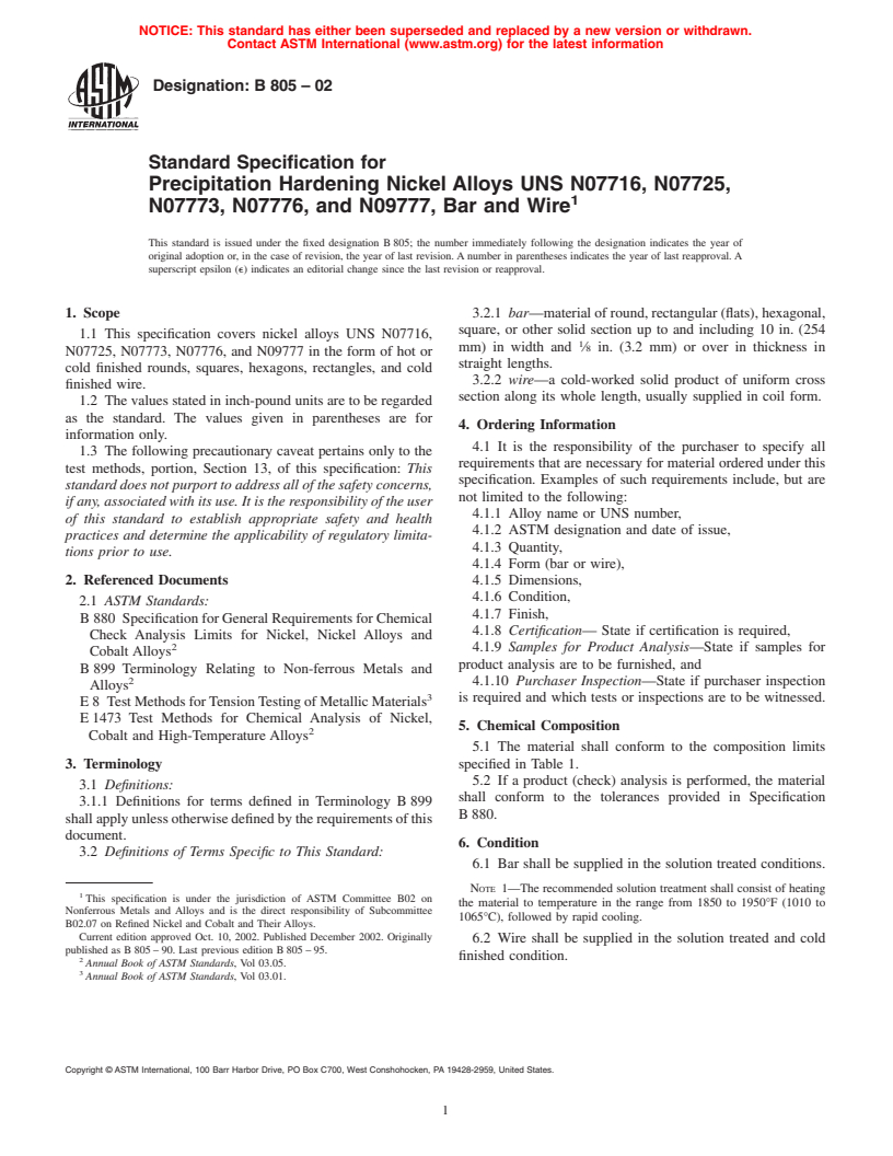 ASTM B805-02 - Standard Specification For Precipitation Hardening ...