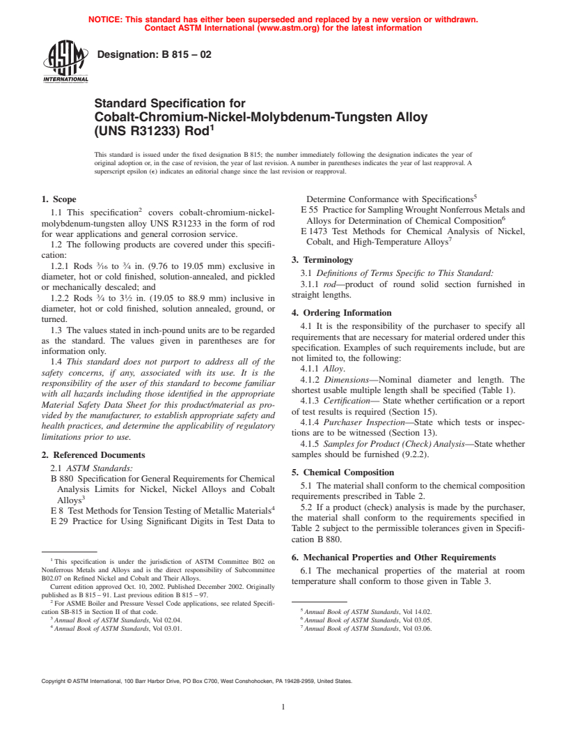 ASTM B815-02 - Standard Specification for Cobalt-Chromium-Nickel-Molybdenum-Tungsten Alloy (UNS R31233) Rod