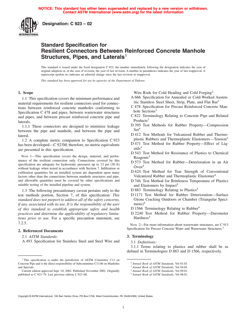 ASTM C923-02 - Standard Specification for Resilient Connectors Between Reinforced Concrete Manhole Structures, Pipes and Laterals