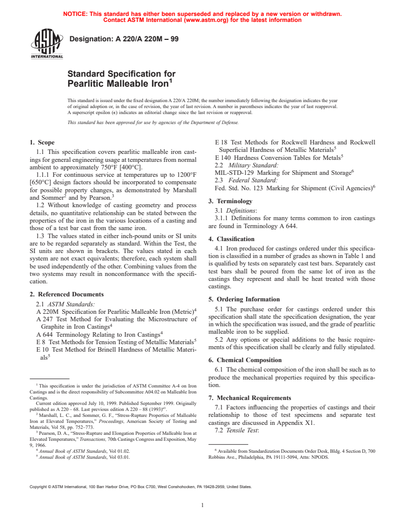 ASTM A220/A220M-99 - Standard Specification for Pearlitic Malleable Iron