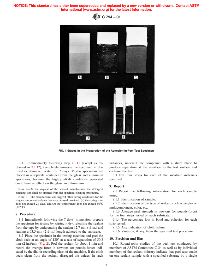 ASTM C794-01 - Standard Test Method for Adhesion-in-Peel of Elastomeric Joint Sealants
