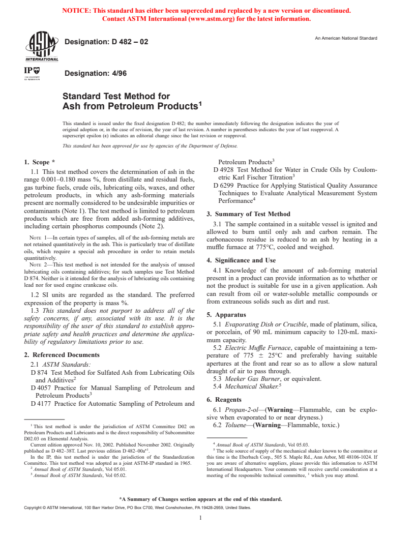 ASTM D482-02 - Standard Test Method for Ash from Petroleum Products