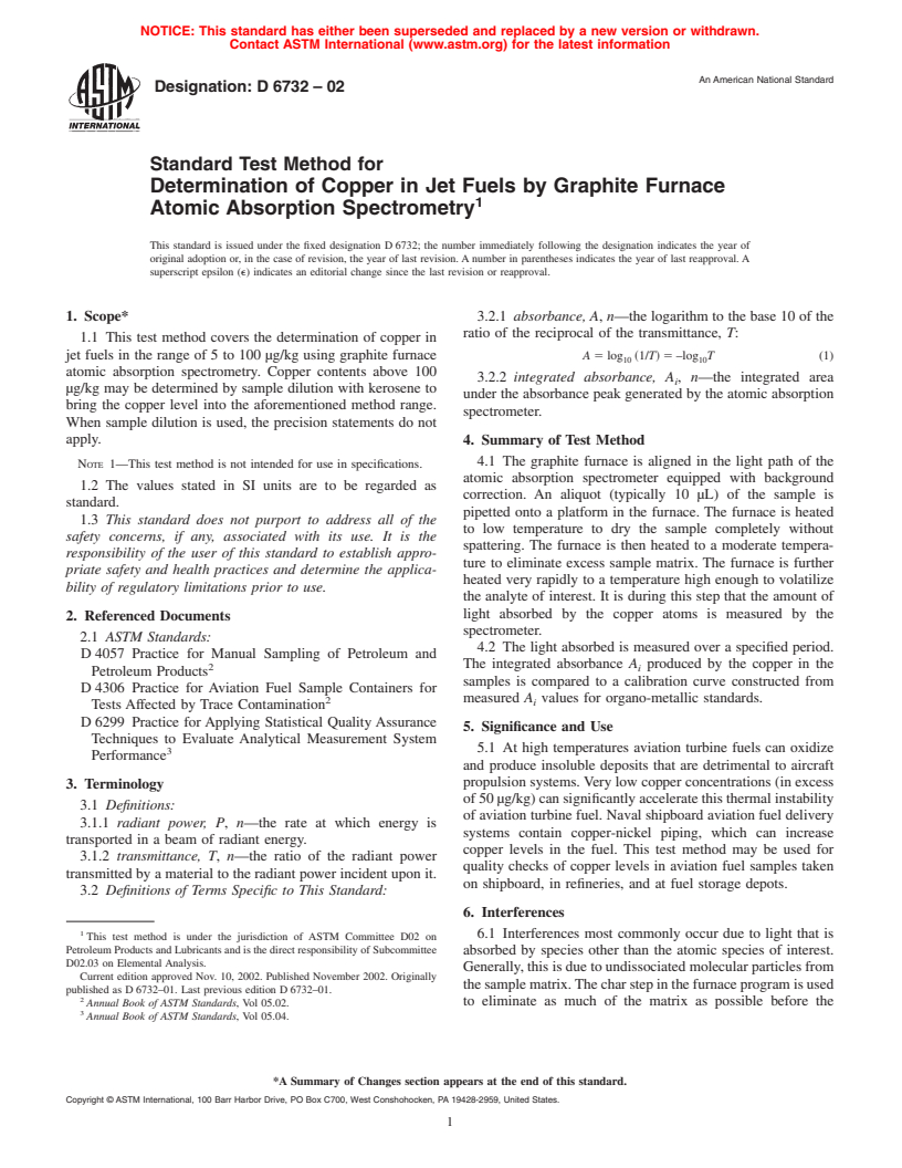 ASTM D6732-02 - Standard Test Method for Determination of Copper in Jet Fuels by Graphite Furnace Atomic Absorption Spectrometry