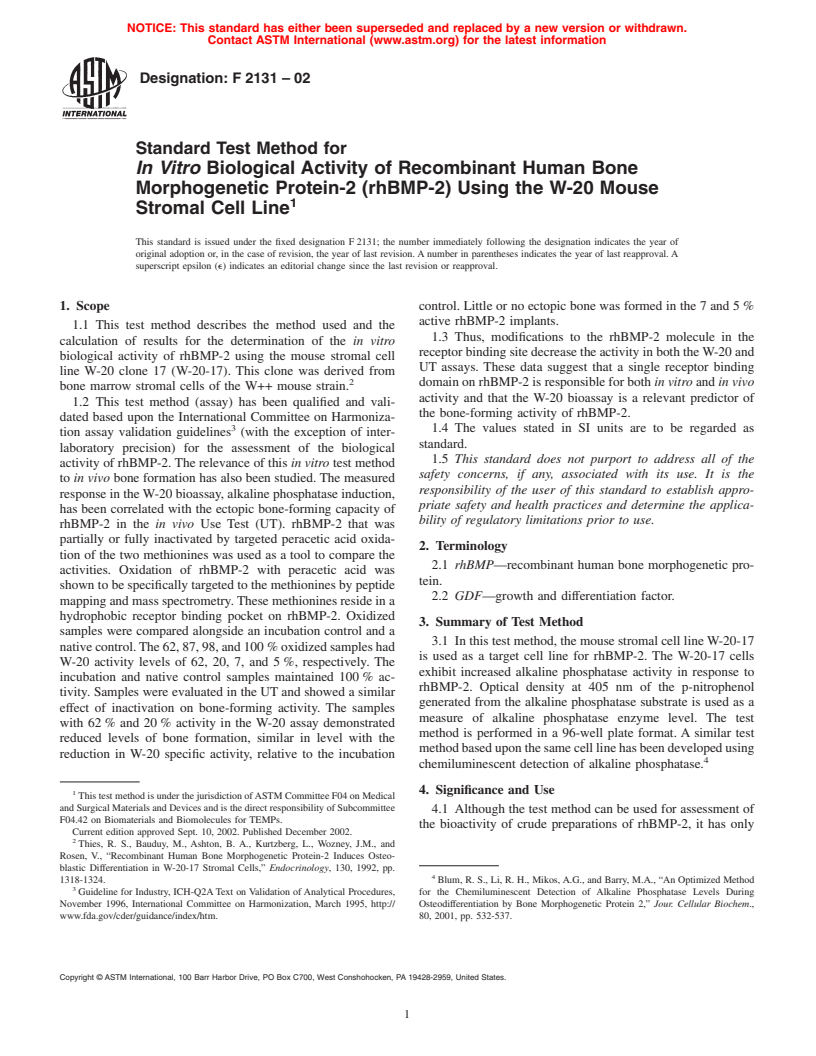 ASTM F2131-02 - Standard Test Method for<bdit>In Vitro</bdit> Biological Activity of Recombinant Human Bone Morphogenetic Protein-2 (rhBMP-2) Using the W-20 Mouse Stromal Cell Line