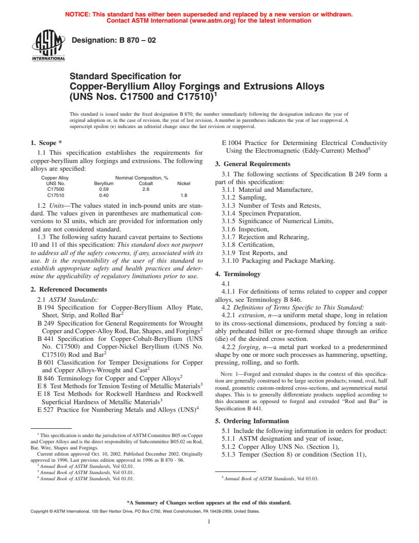 ASTM B870-02 - Standard Specification for Copper-Beryllium Alloy Forgings and Extrusions Alloys (UNS Nos. C17500 and C17510)