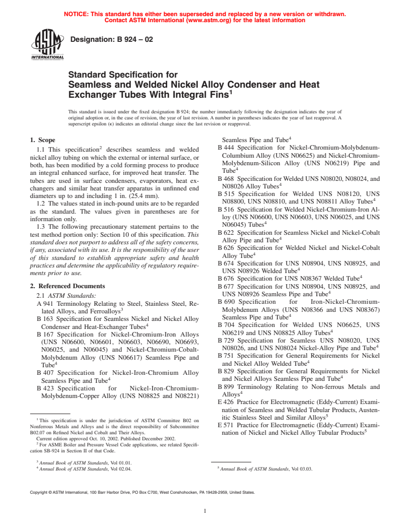 ASTM B924-02 - Standard Specification for Seamless and Welded Nickel Alloy Condenser and Heat Exchanger Tubes With Integral Fins