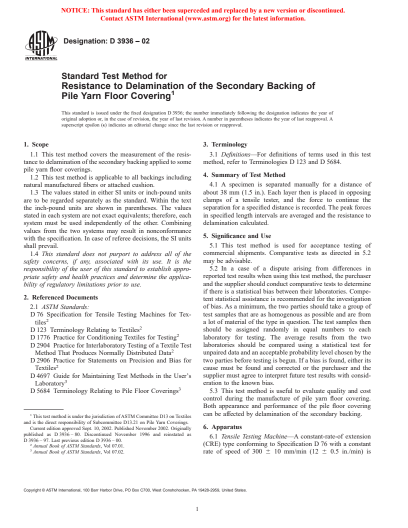 ASTM D3936-02 - Standard Test Method for Resistance to Delamination of the Secondary Backing of Pile Yarn Floor Covering