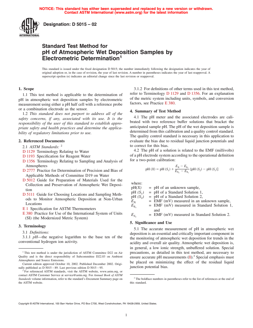 ASTM D5015-02 - Standard Test Method for pH of Atmospheric Wet Deposition Samples by Electrometric Determination