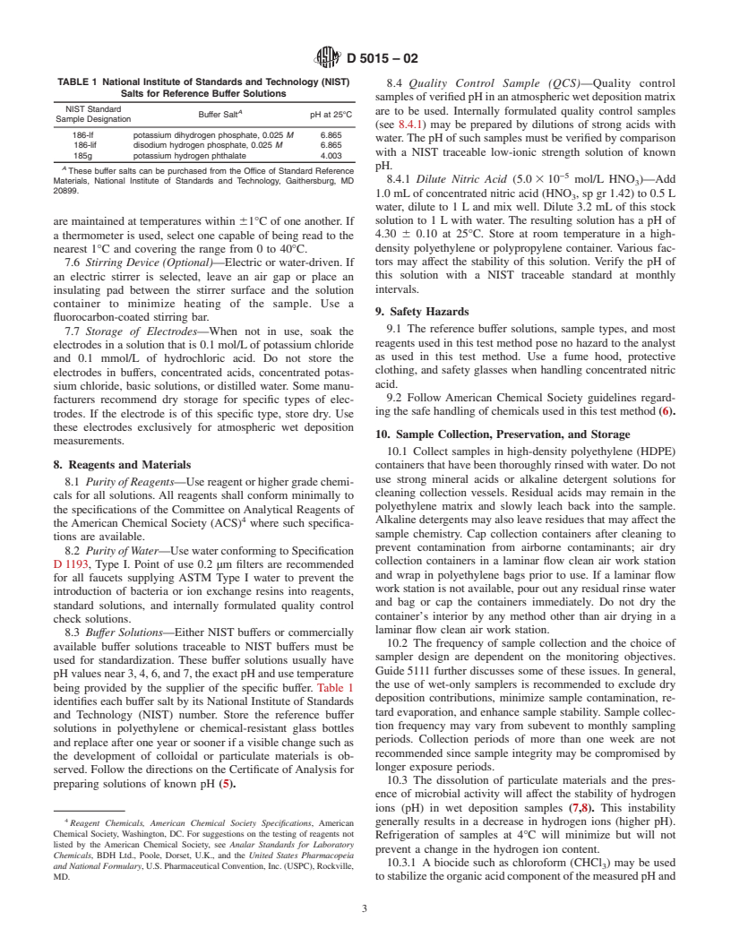 ASTM D5015-02 - Standard Test Method for pH of Atmospheric Wet Deposition Samples by Electrometric Determination