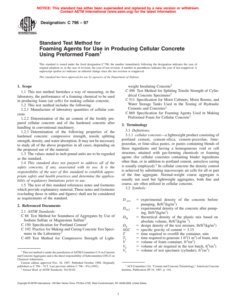 ASTM C796-97 - Standard Test Method for Foaming Agents for Use in Producing Cellular Concrete Using Preformed Foam