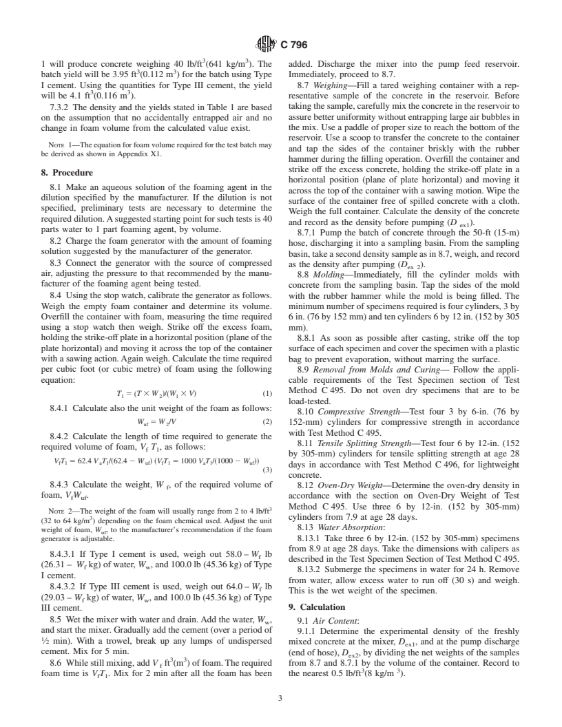 ASTM C796-97 - Standard Test Method for Foaming Agents for Use in Producing Cellular Concrete Using Preformed Foam