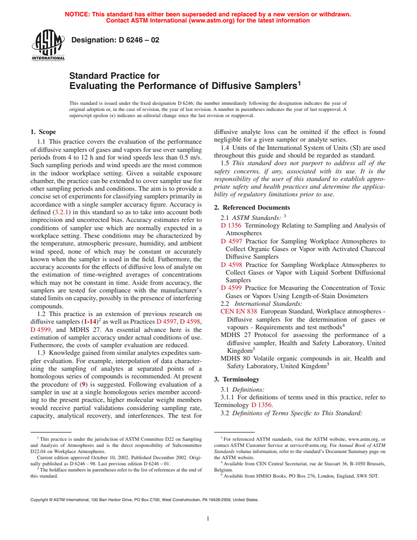 ASTM D6246-02 - Standard Practice for Evaluating the Performance of Diffusive Samplers