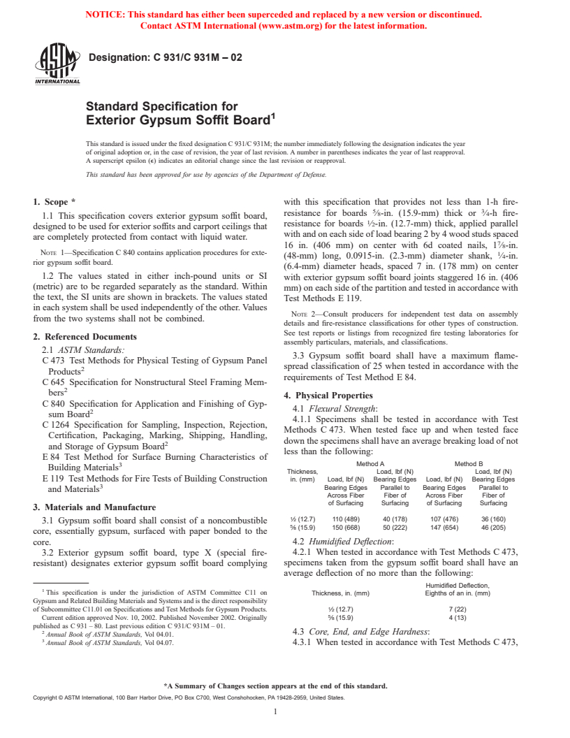 ASTM C931/C931M-02 - Standard Specification for Exterior Gypsum Soffit Board