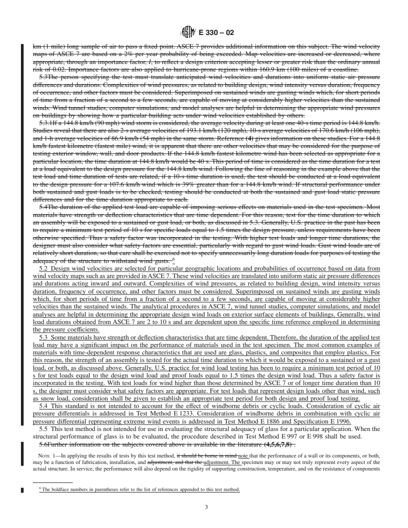 REDLINE ASTM E330-02 - Standard Test Method for Structural Performance of Exterior Windows, Doors, Skylights and Curtain Walls by Uniform Static Air Pressure Difference