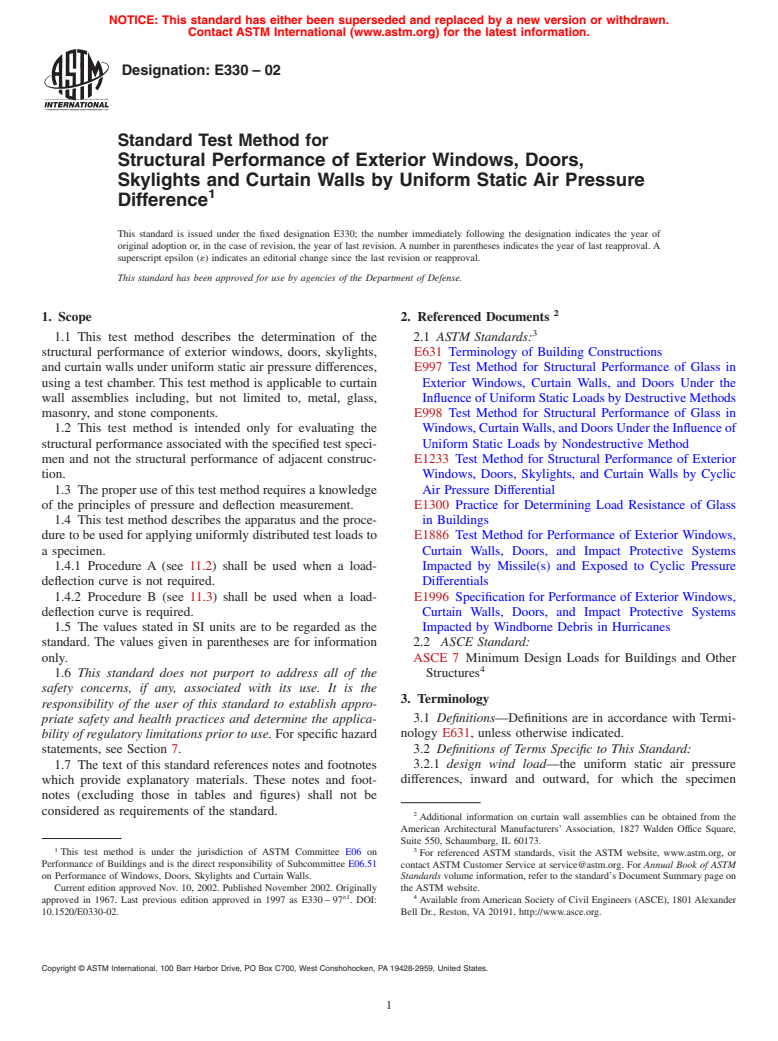 ASTM E330-02 - Standard Test Method for Structural Performance of Exterior Windows, Doors, Skylights and Curtain Walls by Uniform Static Air Pressure Difference