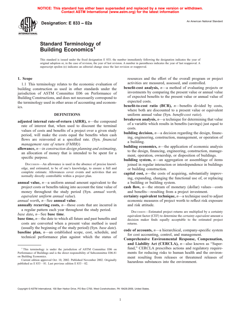 ASTM E833-02a - Standard Terminology of Building Economics