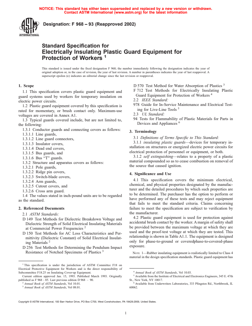 ASTM F968-93(2002) - Standard Specification for Electrically Insulating Plastic Guard Equipment for Protection of Workers