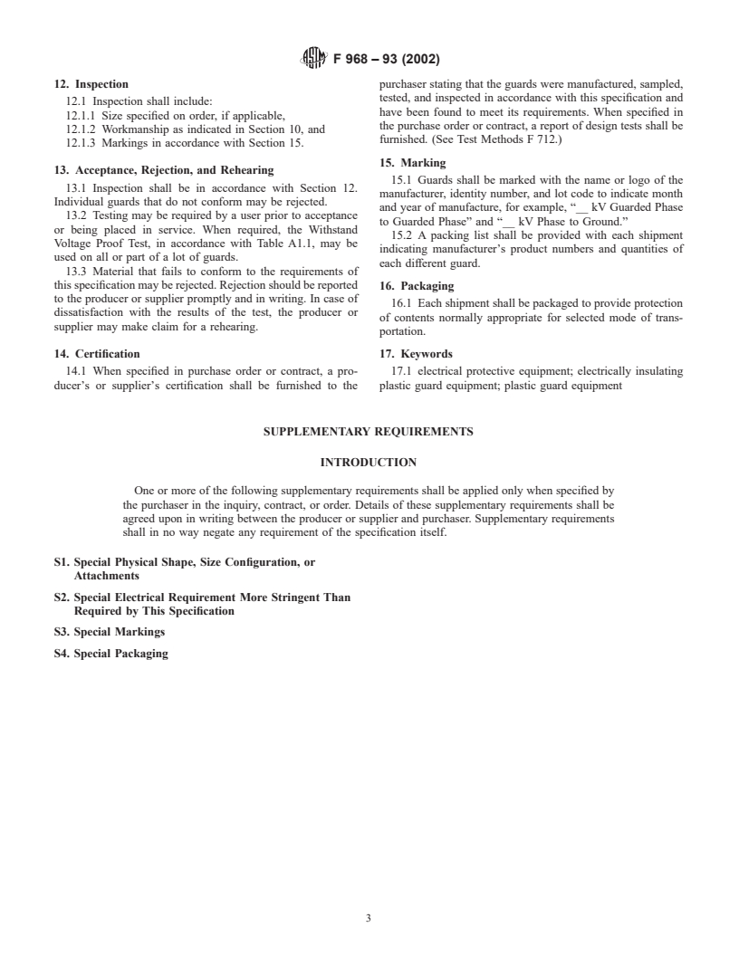 ASTM F968-93(2002) - Standard Specification for Electrically Insulating Plastic Guard Equipment for Protection of Workers