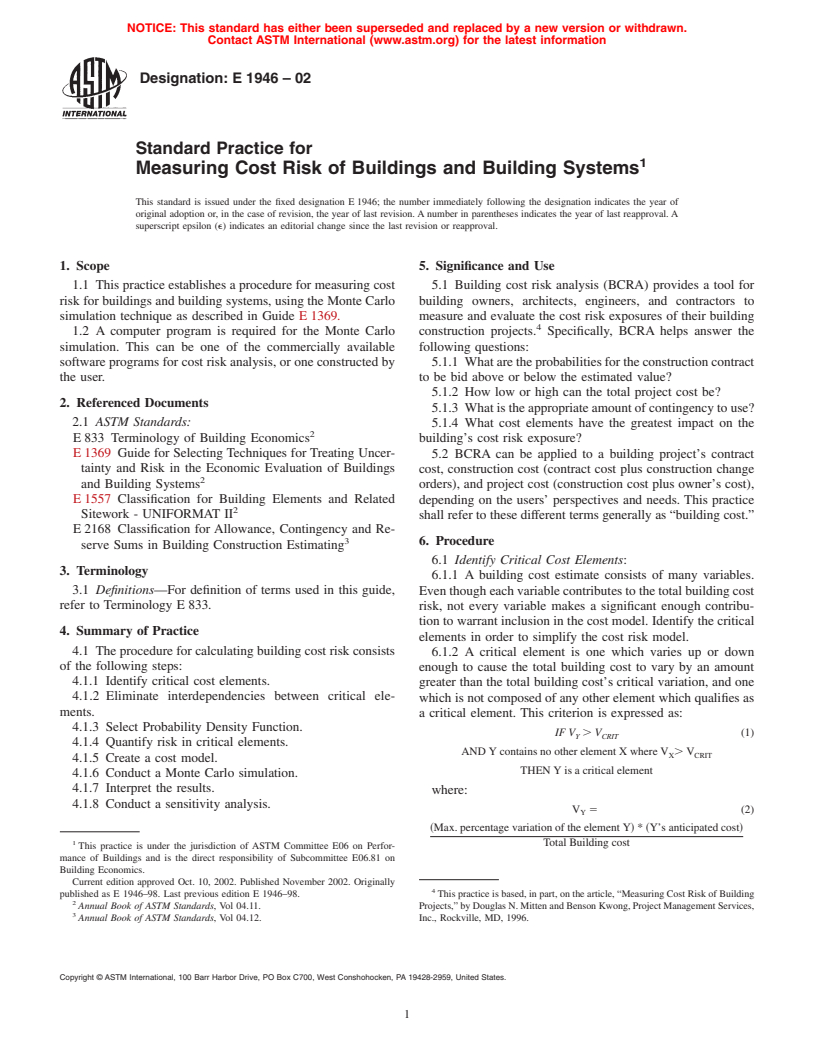 ASTM E1946-02 - Standard Practice for Measuring Cost Risk of Buildings and Building Systems