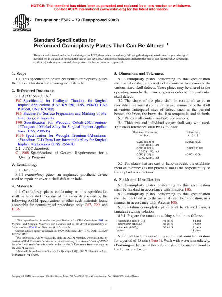 ASTM F622-79(2002) - Standard Specification for Preformed Cranioplasty Plates That Can Be Altered (Withdrawn 2011)