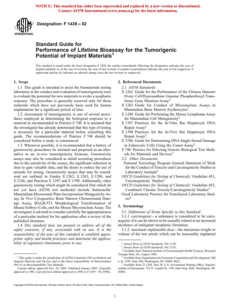 ASTM F1439-02 - Standard Guide for Performance of Lifetime Bioassay for the Tumorigenic Potential of Implant Materials