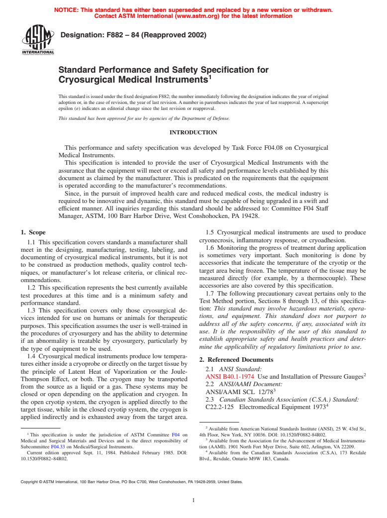 ASTM F882-84(2002) - Standard Performance and Safety Specification for Cryosurgical Medical Instruments (Withdrawn 2011)