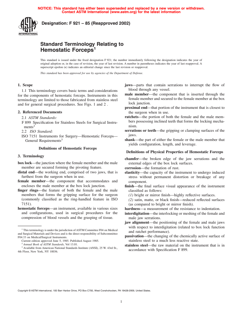 ASTM F921-85(2002) - Standard Terminology Relating to Hemostatic Forceps