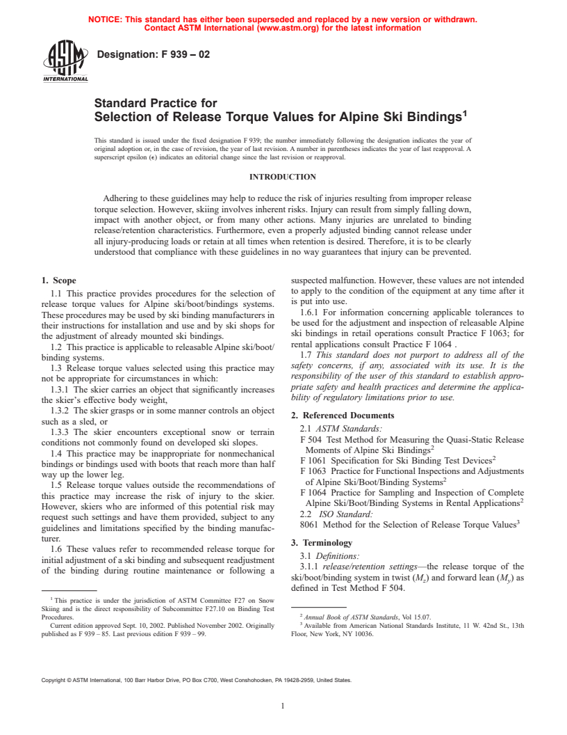 ASTM F939-02 - Standard Practice for Selection of Release Torque Values for Alpine Ski Bindings