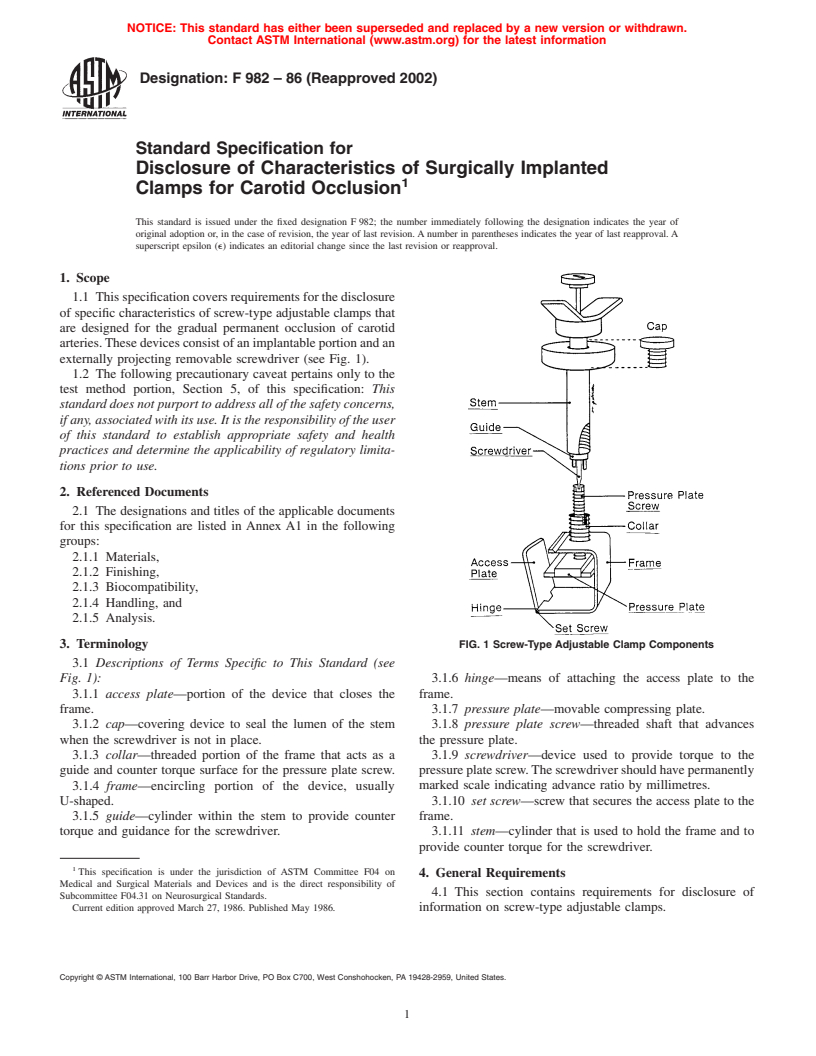 ASTM F982-86(2002) - Standard Specification for Disclosure of Characteristics of Surgically Implanted Clamps for Carotid Occlusion