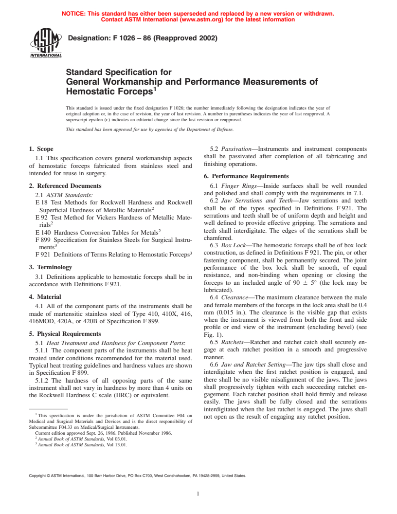 ASTM F1026-86(2002) - Standard Specification for General Workmanship and Performance Measurements of Hemostatic Forceps