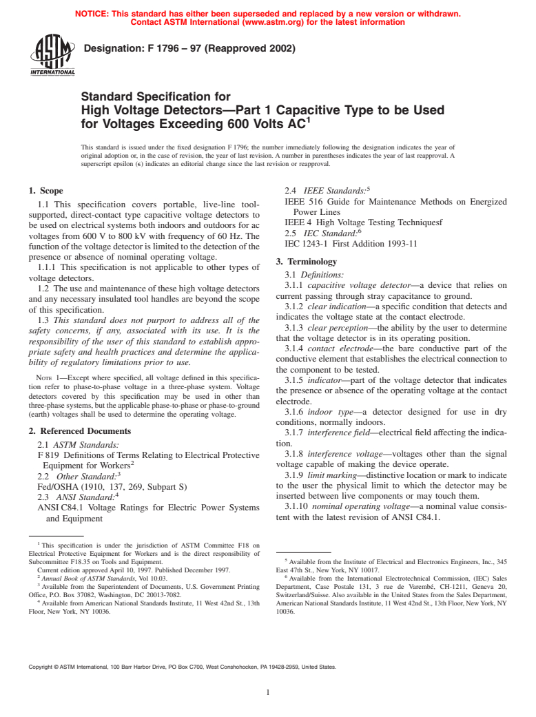 ASTM F1796-97(2002) - Standard Specification for High Voltage Detectors&#8212;Part 1 Capacitive Type to be Used for Voltages Exceeding 600 Volts AC