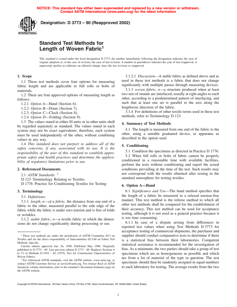 ASTM D3773-90(2002) - Standard Test Methods for Length of Woven Fabric