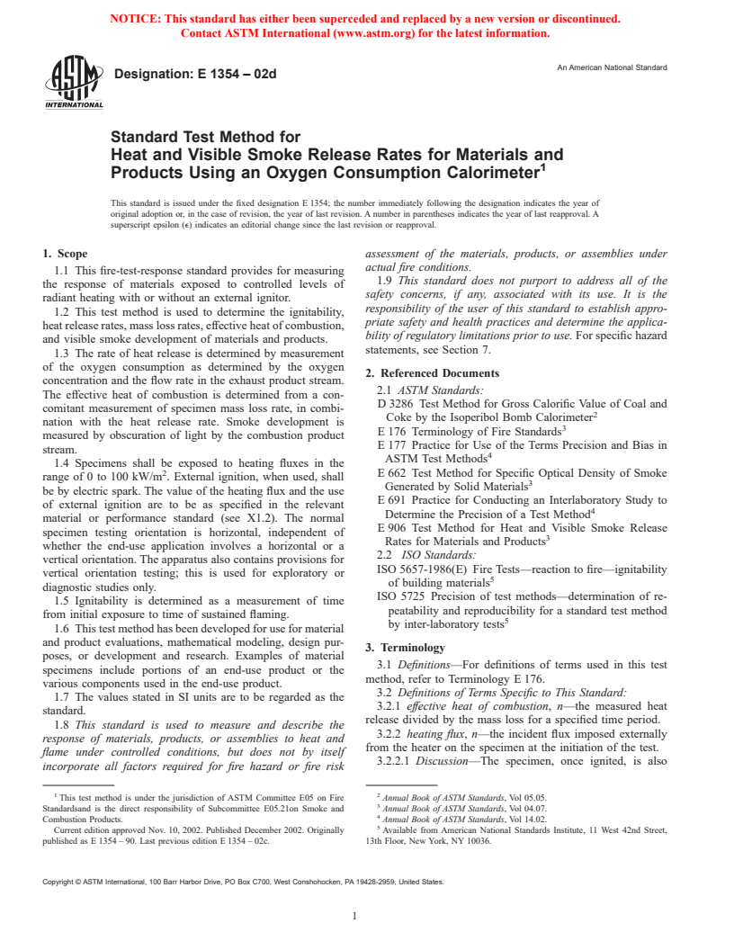 ASTM E1354-02d - Standard Test Method for Heat and Visible Smoke Release Rates for Materials and Products Using an Oxygen Consumption Calorimeter